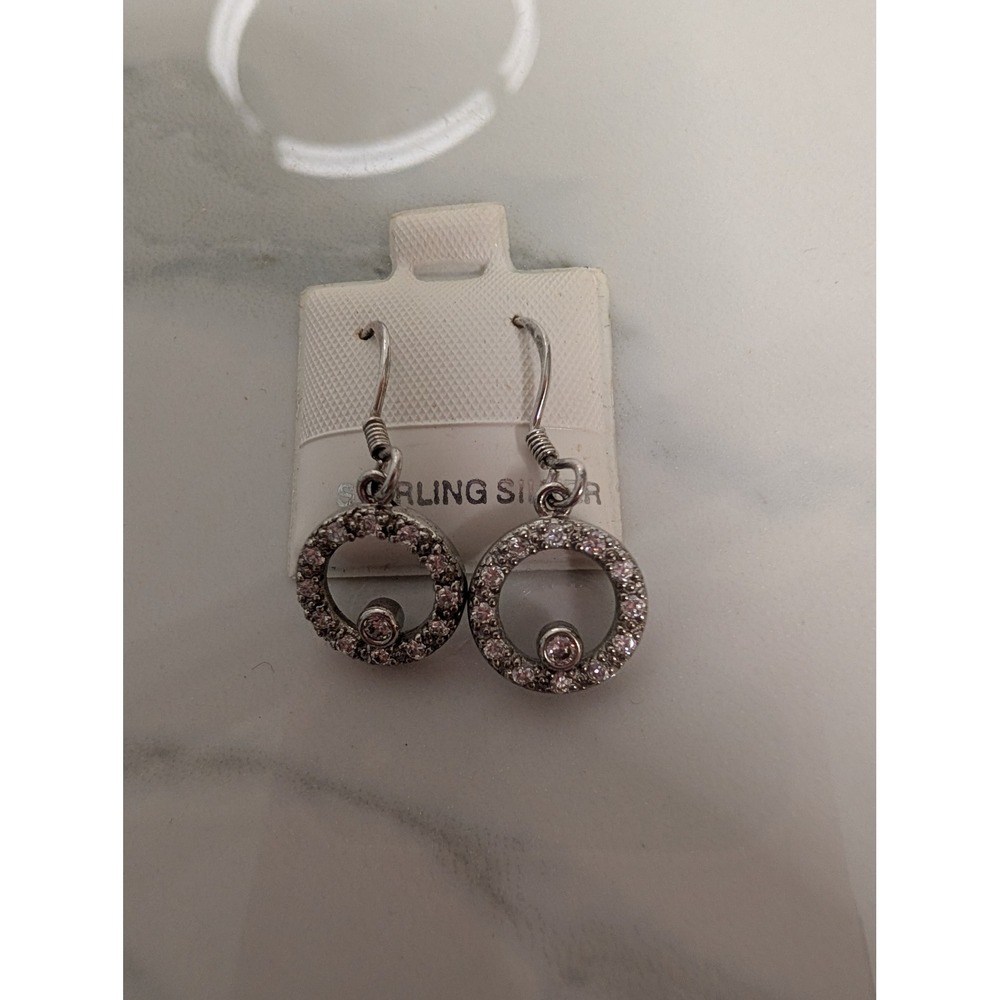 Sterling Silver 925 Pave Cubic Zirconia Circle Drop Earrings Fishhook Dangle